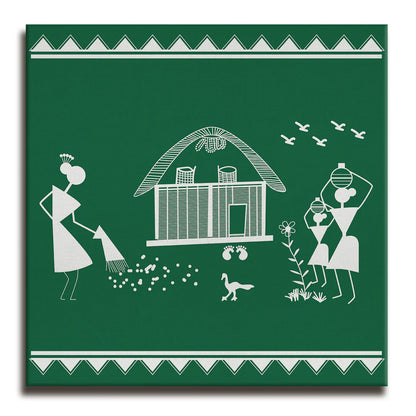 Forest Green, Warli Art, Framed Abstract Canvas Wall Art for Bedroom Eurotex