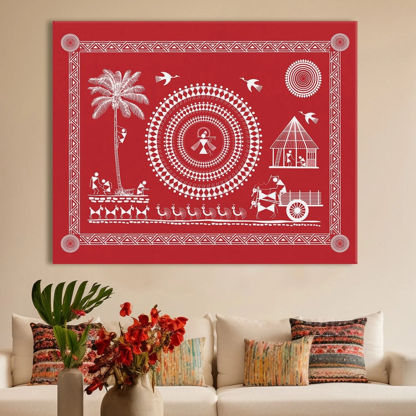 Crimson Blush, Warli Art, Framed Abstract Canvas Wall Art for Bedroom Eurotex