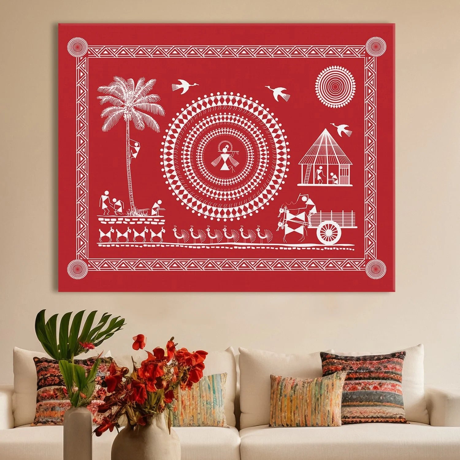 Crimson Blush, Warli Art, Framed Abstract Canvas Wall Art for Bedroom Eurotex