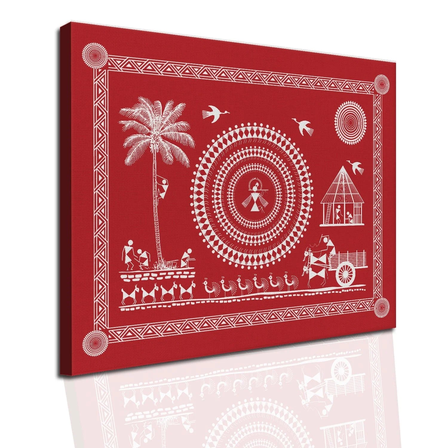 Crimson Blush, Warli Art, Framed Abstract Canvas Wall Art for Bedroom Eurotex