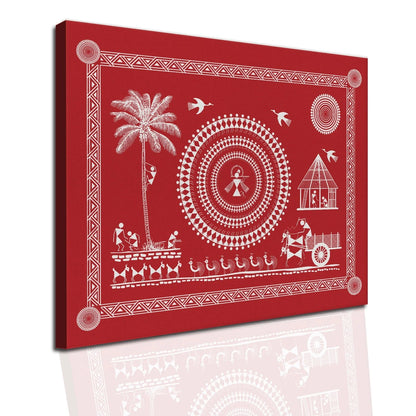 Crimson Blush, Warli Art, Framed Abstract Canvas Wall Art for Bedroom Eurotex
