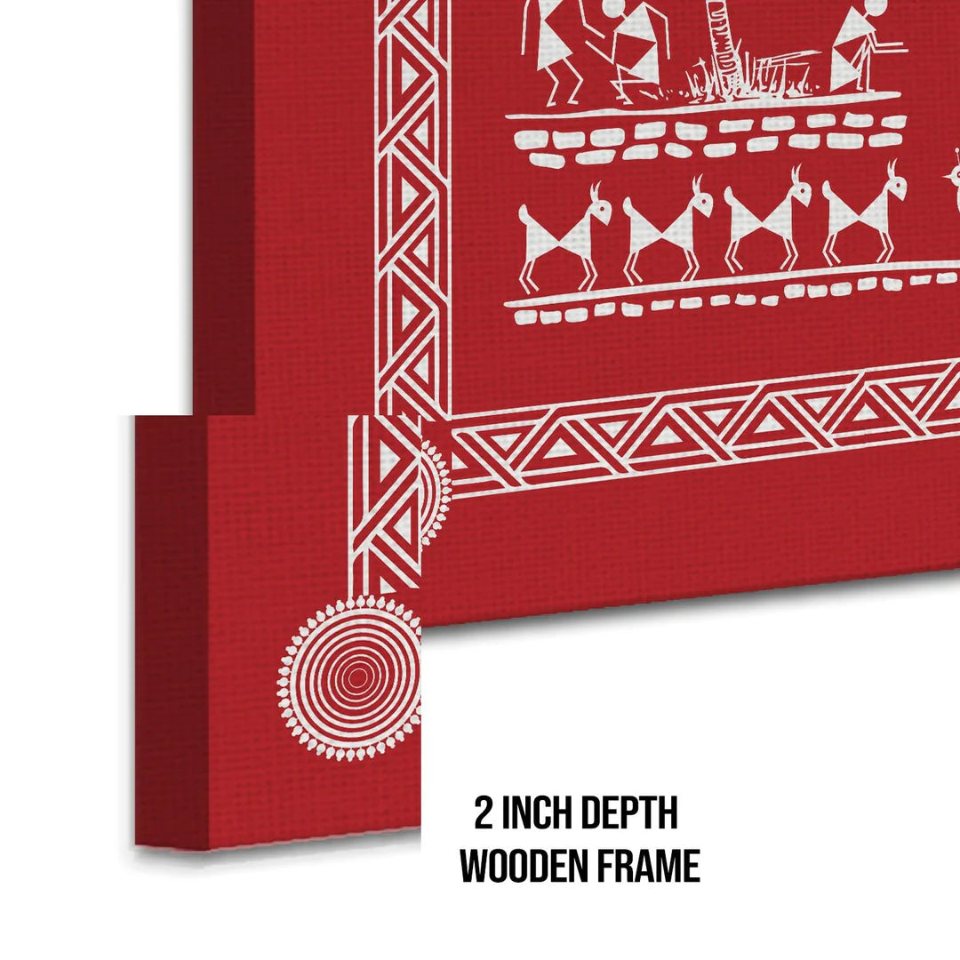 Crimson Blush, Warli Art, Framed Abstract Canvas Wall Art for Bedroom Eurotex