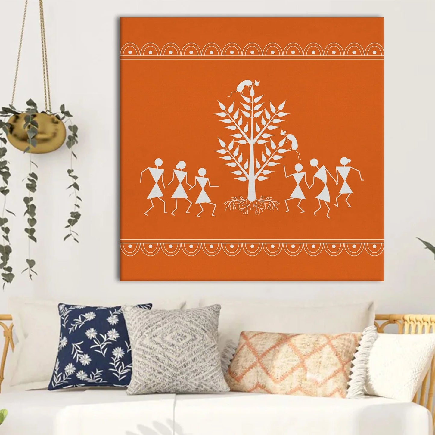 Burnt Orange, Warli Art, Framed Abstract Canvas Wall Art for Bedroom Eurotex