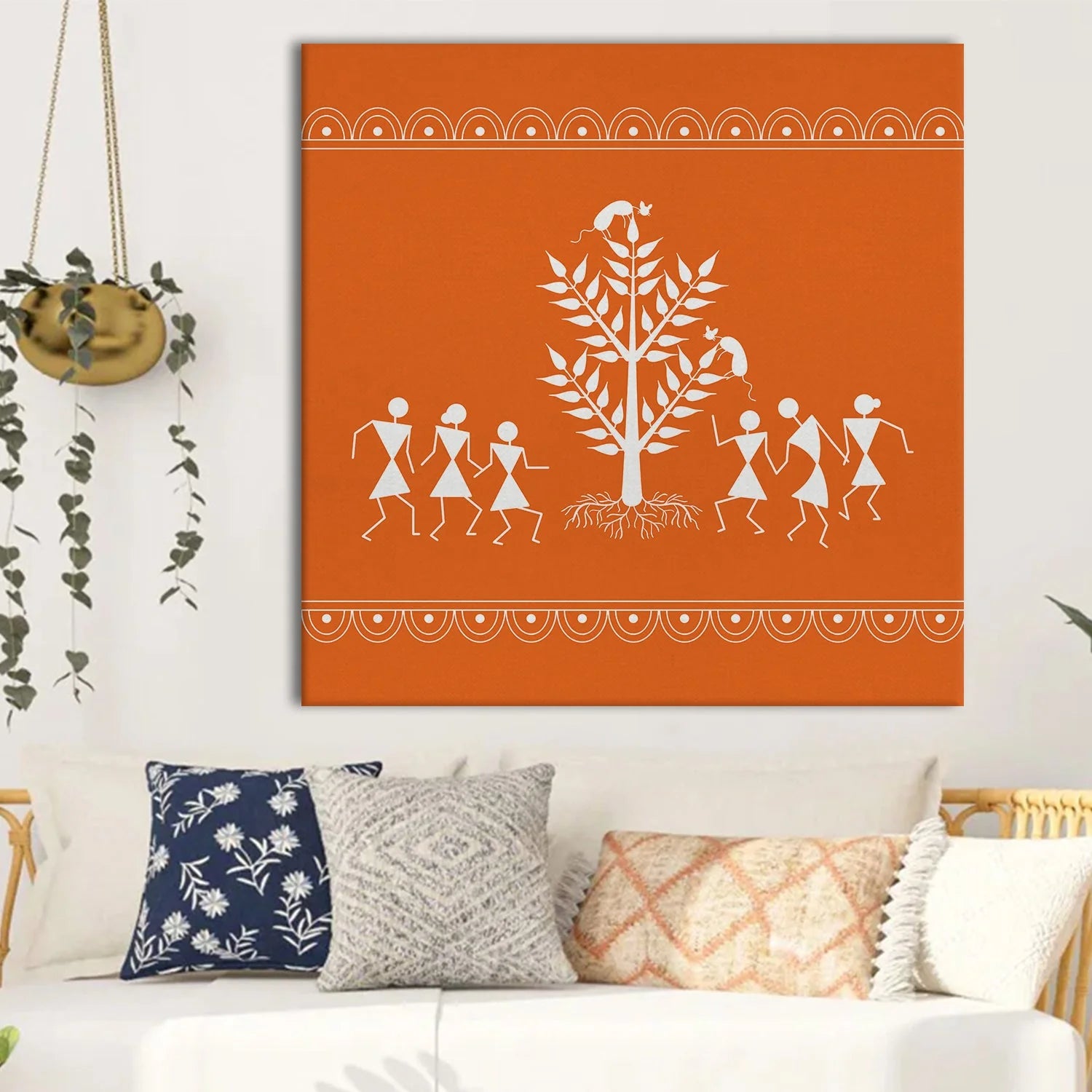 Burnt Orange, Warli Art, Framed Abstract Canvas Wall Art for Bedroom Eurotex