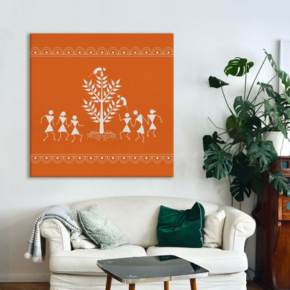 Burnt Orange, Warli Art, Framed Abstract Canvas Wall Art for Bedroom Eurotex