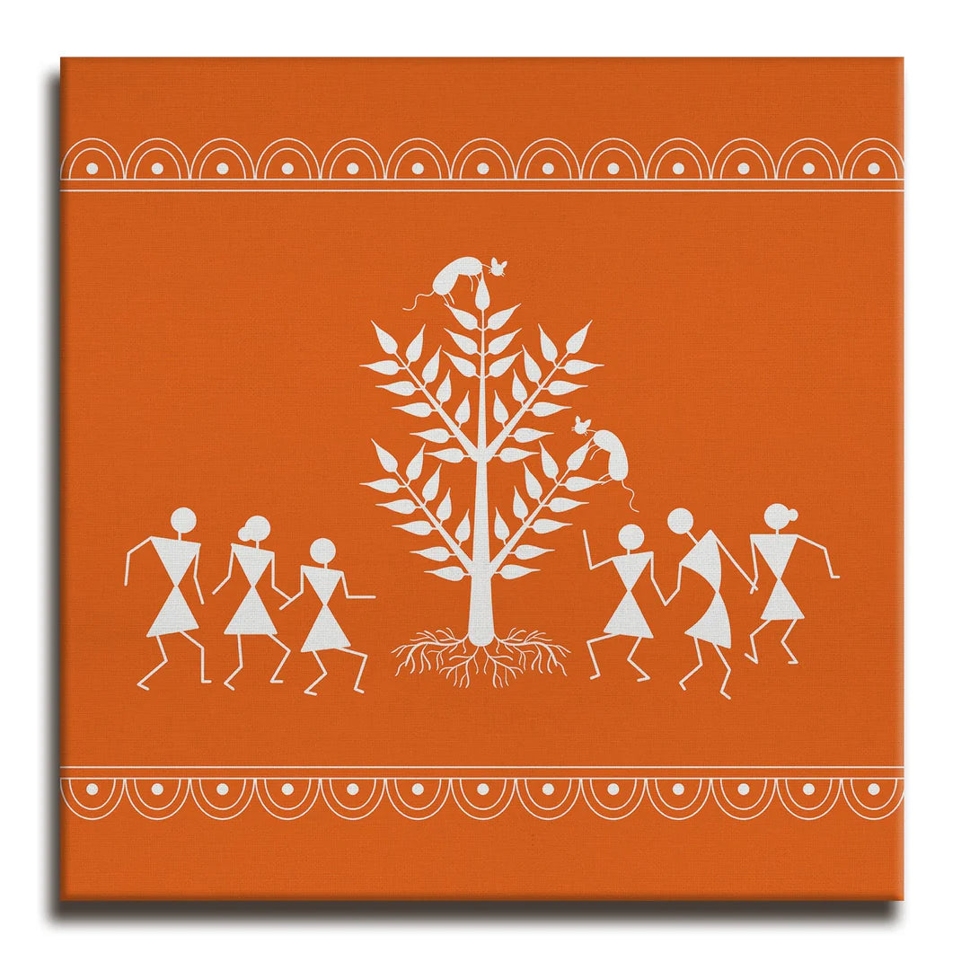 Burnt Orange, Warli Art, Framed Abstract Canvas Wall Art for Bedroom Eurotex