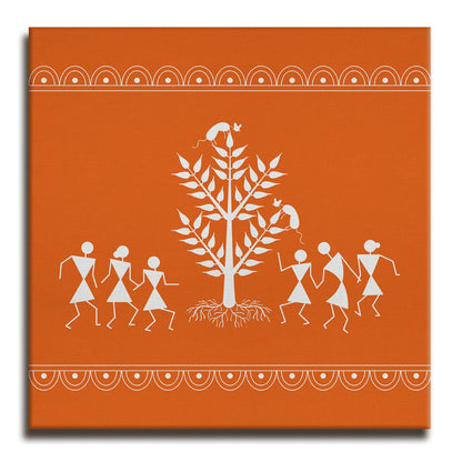 Burnt Orange, Warli Art, Framed Abstract Canvas Wall Art for Bedroom Eurotex
