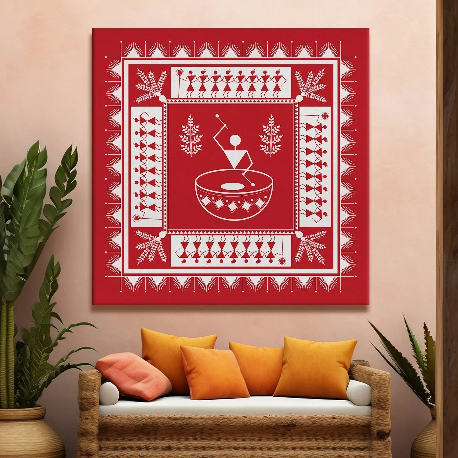 Red Painting, Warli Art, Framed Abstract Canvas Wall Art for Bedroom Eurotex