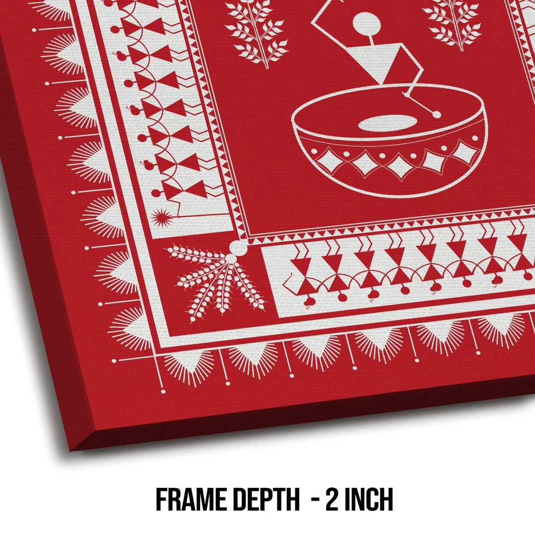 Red Painting, Warli Art, Framed Abstract Canvas Wall Art for Bedroom Eurotex
