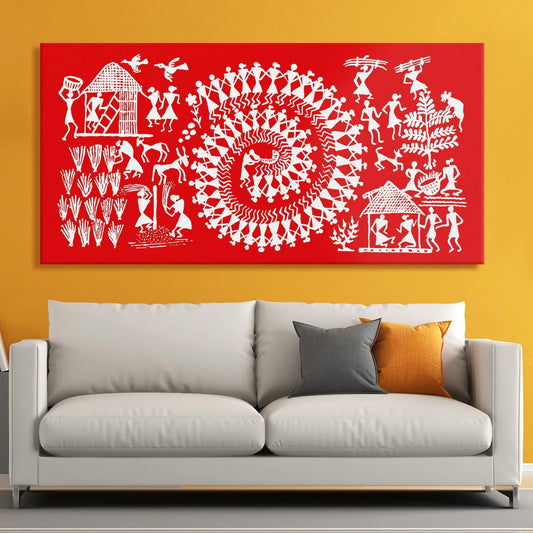 Red Landscape, Warli Art, Framed Abstract Canvas Wall Art for Bedroom Eurotex