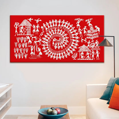 Red Landscape, Warli Art, Framed Abstract Canvas Wall Art for Bedroom Eurotex