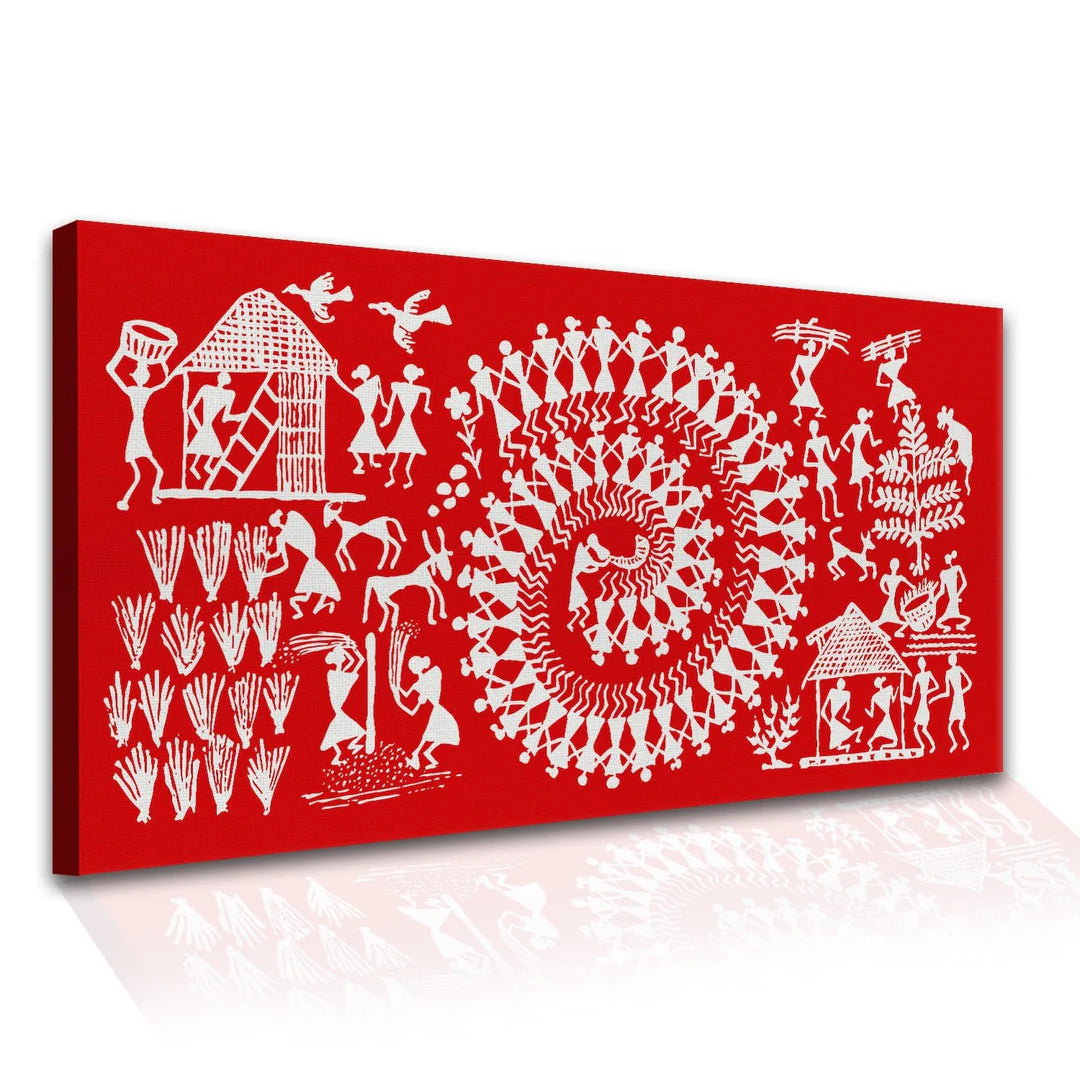 Red Landscape, Warli Art, Framed Abstract Canvas Wall Art for Bedroom Eurotex