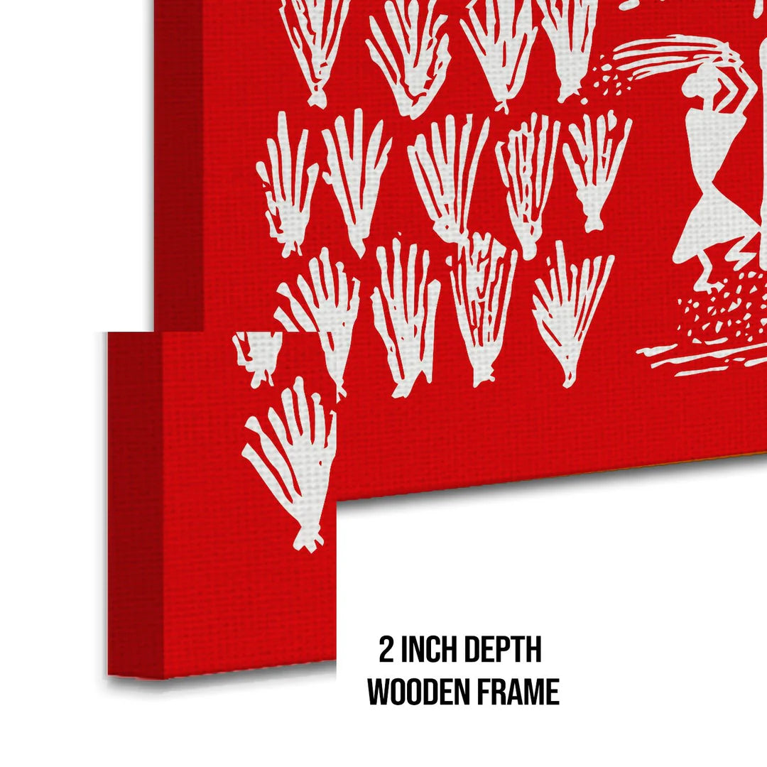 Red Landscape, Warli Art, Framed Abstract Canvas Wall Art for Bedroom Eurotex