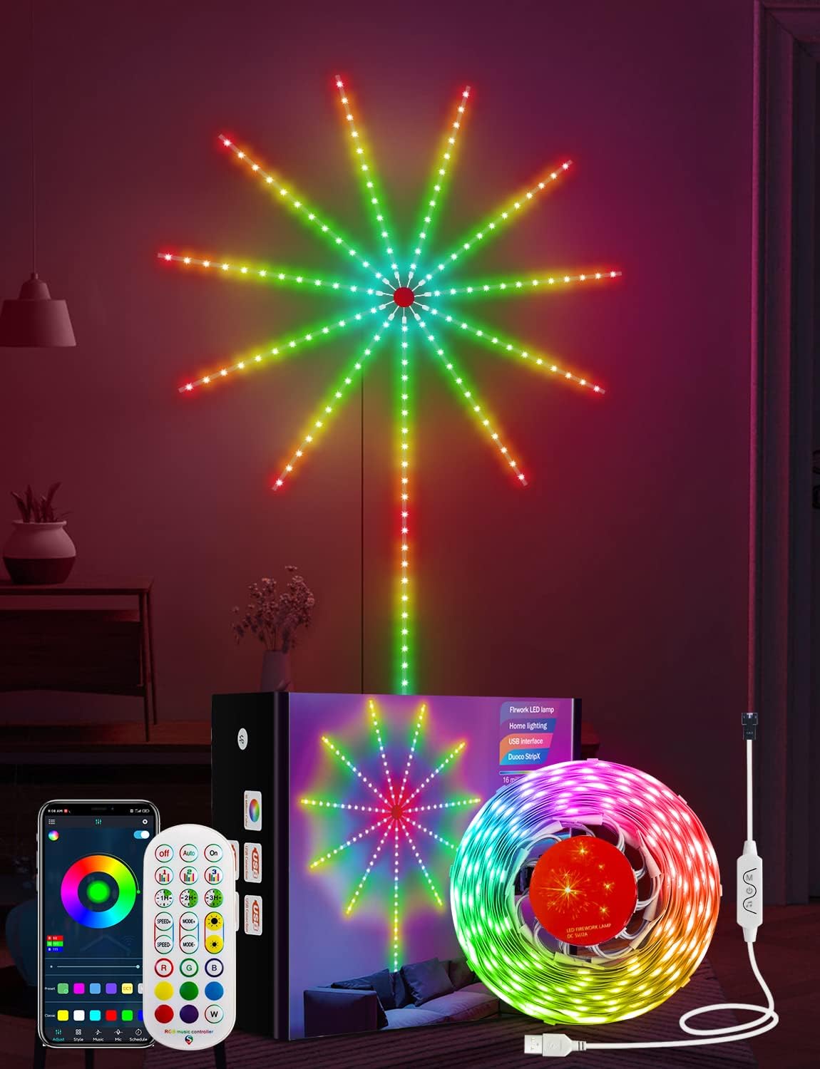 Eurotex Firework Led Strip Light, With Smart App & Remote Control (5V, Usb Powered)