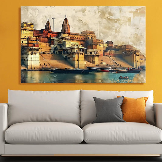 Ganga Ghat, Traditional Canvas Art, Framed Abstract Canvas Wall Art for Bedroom