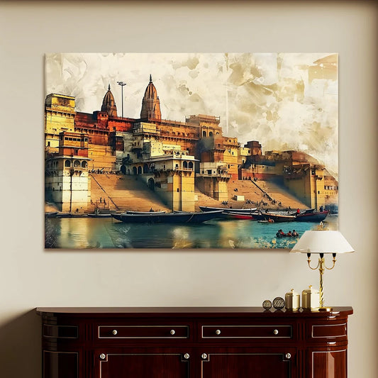 Ganga Ghat, Traditional Canvas Art, Framed Abstract Canvas Wall Art for Bedroom