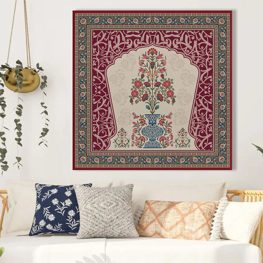 Flower Pot, Kalamkari Art, Framed Abstract Canvas Wall Art for Bedroom