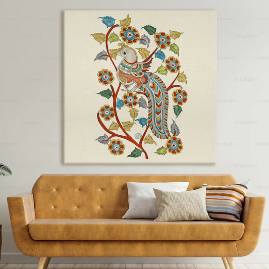Beautiful Peacock, Kalamkari Art, Framed Abstract Canvas Wall Art for Bedroom