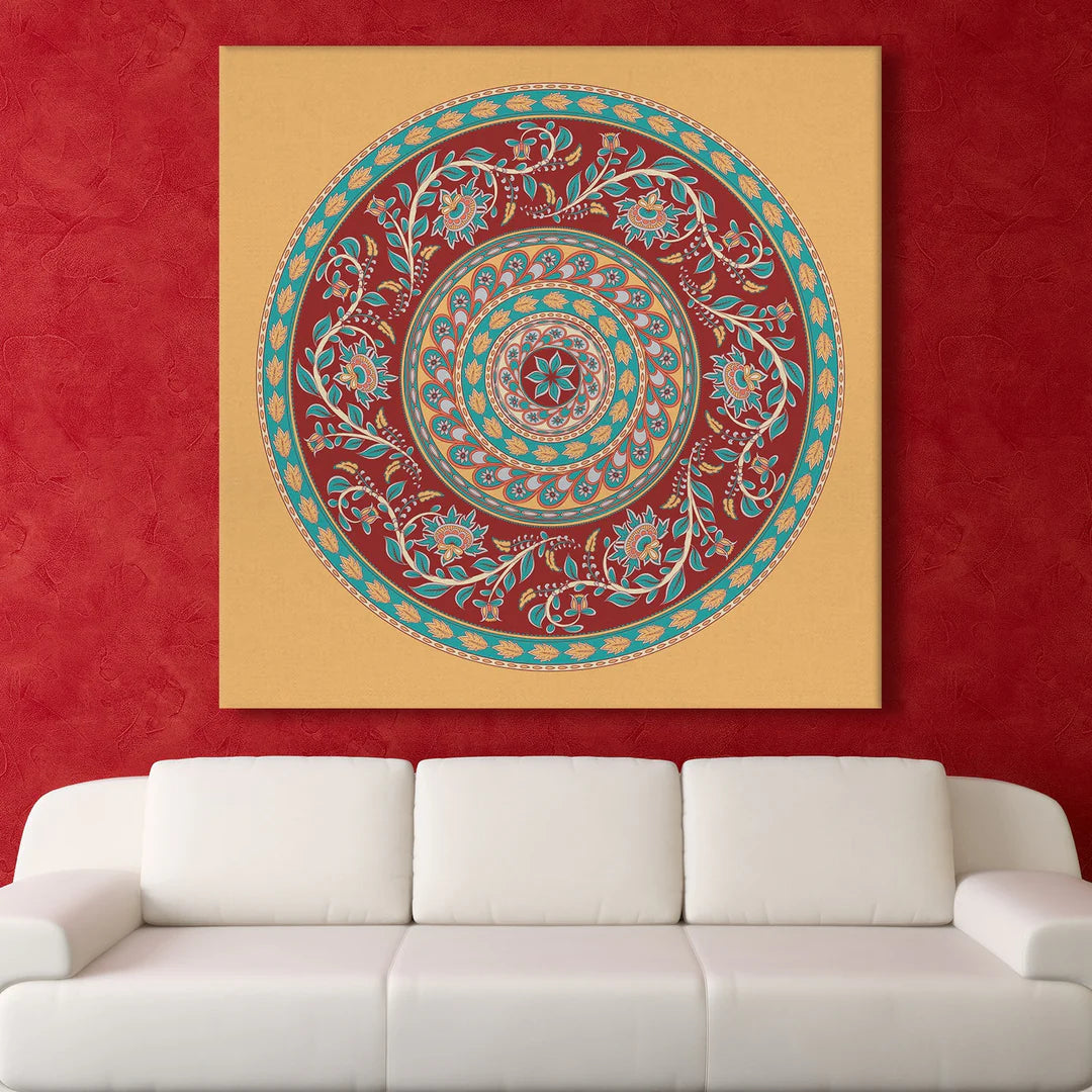 Circle Texture, Kalamkari Art, Framed Abstract Canvas Wall Art for Bedroom
