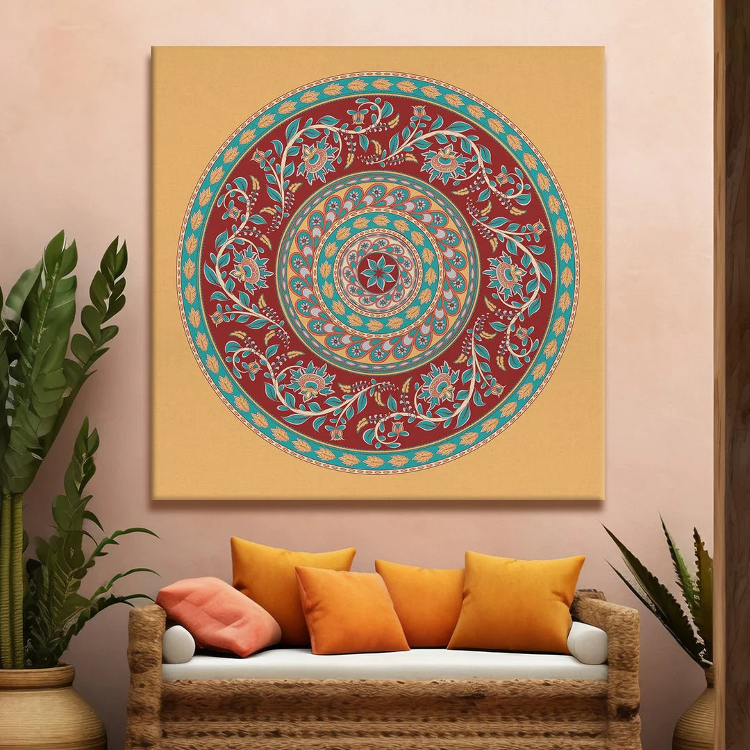 Circle Texture, Kalamkari Art, Framed Abstract Canvas Wall Art for Bedroom