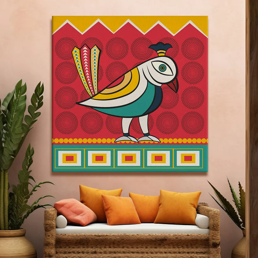 Beautiful Bird, Kalighat Art, Framed Abstract Canvas Wall Art for Bedroom