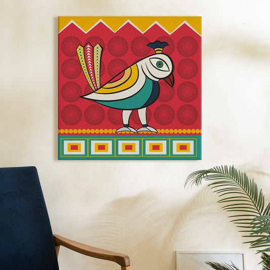 Beautiful Bird, Kalighat Art, Framed Abstract Canvas Wall Art for Bedroom