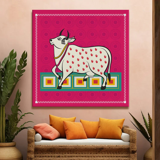 White Cow, Kalighat Art, Framed Abstract Canvas Wall Art for Bedroom