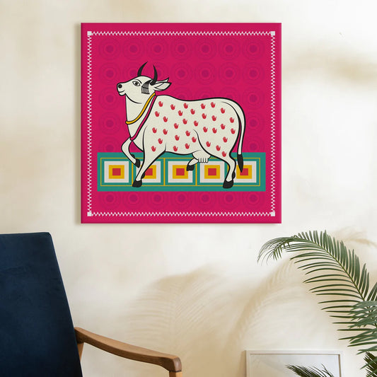White Cow, Kalighat Art, Framed Abstract Canvas Wall Art for Bedroom