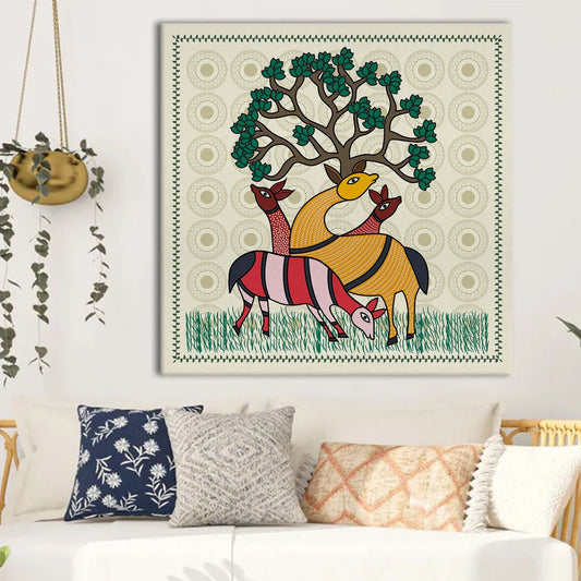 Deer and Tree, Kalighat Art, Framed Abstract Canvas Wall Art for Bedroom
