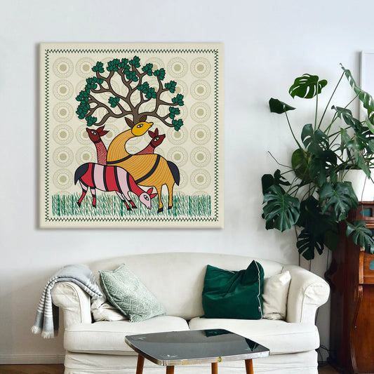 Deer and Tree, Kalighat Art, Framed Abstract Canvas Wall Art for Bedroom