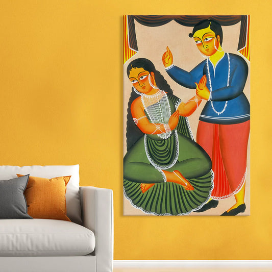 Beautiful Couple, Kalighat Art, Framed Abstract Canvas Wall Art for Bedroom