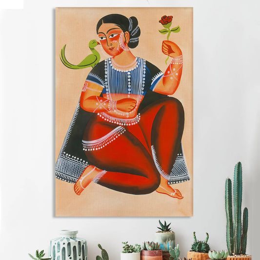 Beautiful Lady, Kalighat Art, Framed Abstract Canvas Wall Art for Bedroom