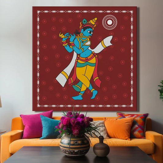 Shree Krishna, Kalighat Art, Framed Abstract Canvas Wall Art for Bedroom
