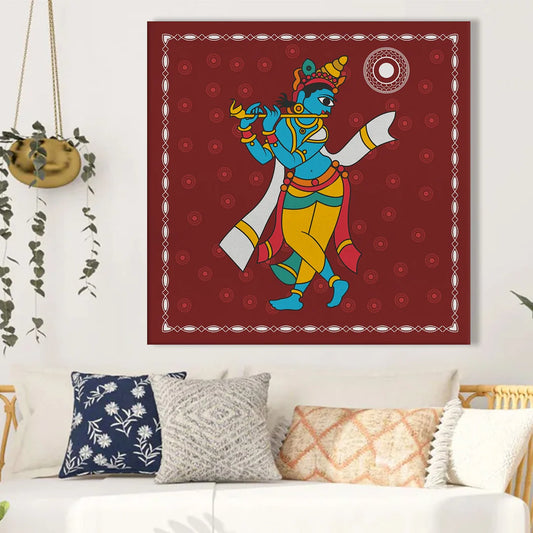 Shree Krishna, Kalighat Art, Framed Abstract Canvas Wall Art for Bedroom