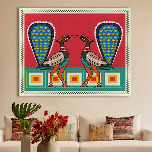 Two Peacock, Kalighat Art, Framed Abstract Canvas Wall Art for Bedroom