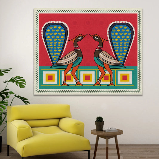 Two Peacock, Kalighat Art, Framed Abstract Canvas Wall Art for Bedroom