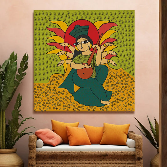 Ma Saraswati, Kalighat Art, Framed Abstract Canvas Wall Art for Bedroom