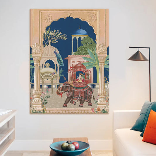 Mughal King on Elephant, Traditional Canvas Art, Framed Abstract Canvas Art