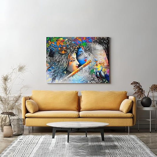 fabsouk Wooden Stretched Lord Krishna art paintings wall for bedroom radha krishna photo frame painting Colorful Radha with Flute Wall frames canvas modern stylish room décor home (radha krishna-13)