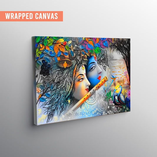 fabsouk Wooden Stretched Lord Krishna art paintings wall for bedroom radha krishna photo frame painting Colorful Radha with Flute Wall frames canvas modern stylish room décor home (radha krishna-13)