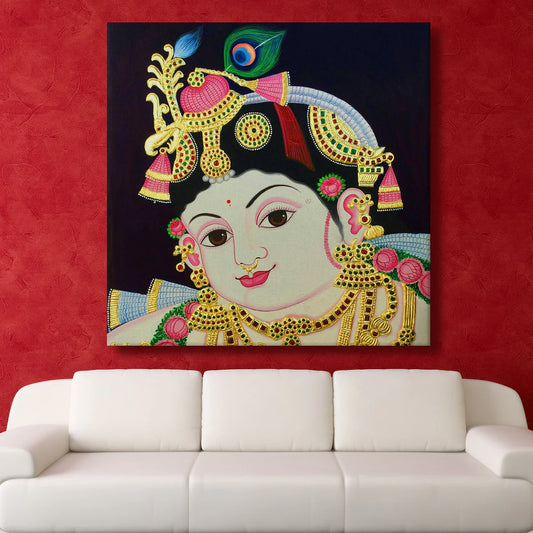 Shree Krishna, Tanjore Art, Framed Abstract Canvas Wall Art for Bedroom