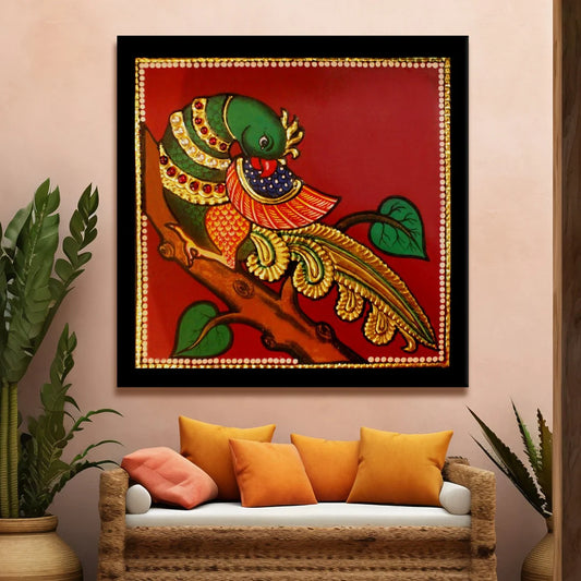 Beautiful Peacock, Tanjore Art, Framed Abstract Canvas Wall Art for Bedroom