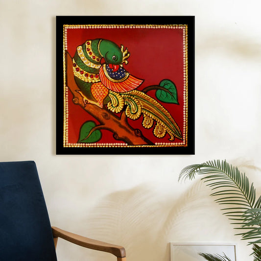 Beautiful Peacock, Tanjore Art, Framed Abstract Canvas Wall Art for Bedroom