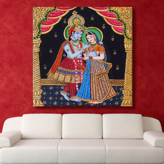 Radhe Krishna, Tanjore Art, Framed Abstract Canvas Wall Art for Bedroom