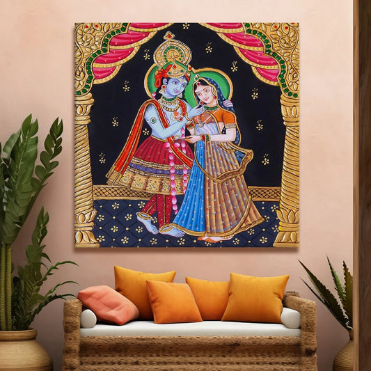 Radhe Krishna, Tanjore Art, Framed Abstract Canvas Wall Art for Bedroom