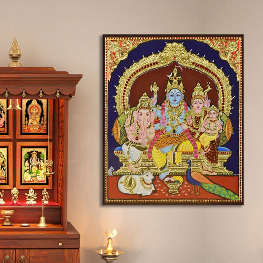 Shiva Family, Tanjore Art, Framed Abstract Canvas Wall Art for Bedroom