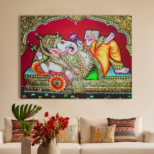 Ganesh Ji, Tanjore Art, Framed Abstract Canvas Wall Art for Bedroom