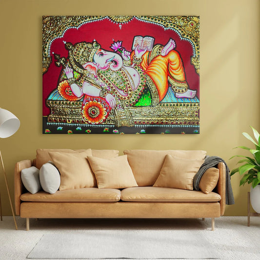 Ganesh Ji, Tanjore Art, Framed Abstract Canvas Wall Art for Bedroom