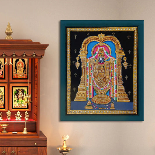Shree Tirupati Balaji, Tanjore Art, Framed Abstract Canvas Wall Art for Bedroom