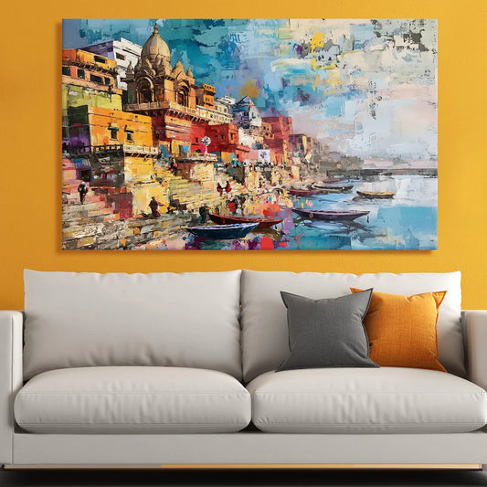 Varanasi, Traditional Canvas Art, Framed Abstract Canvas Wall Art for Bedroom